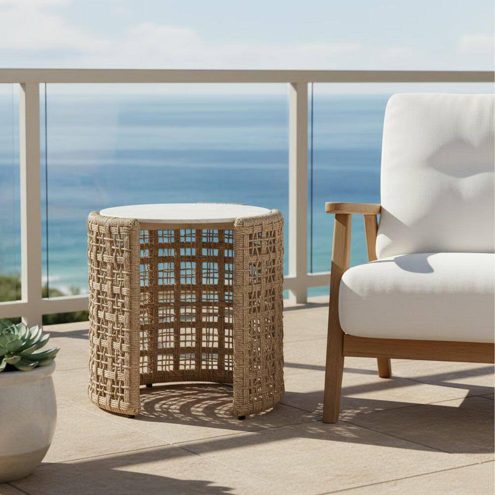 Driftbay Natural Rattan Round Outdoor Side Table with Sintered Stone Table Top