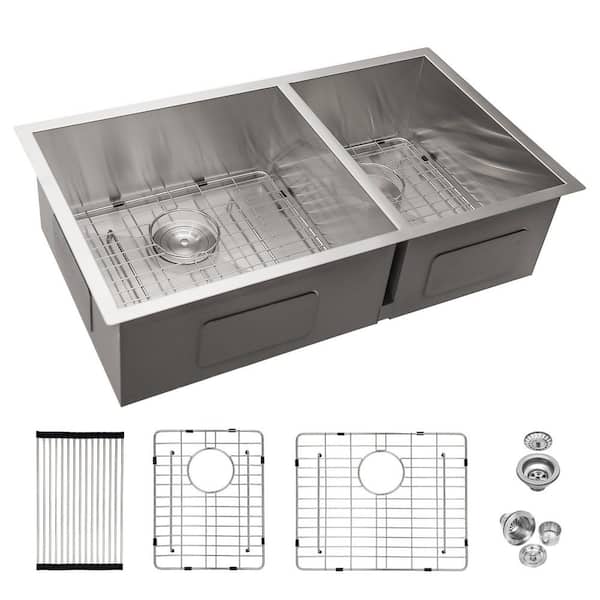 32 in. Drop-In Double Bowl 16-Gauge Brushed Nickel Stainless Steel Kitchen Sink with Drain Assembly