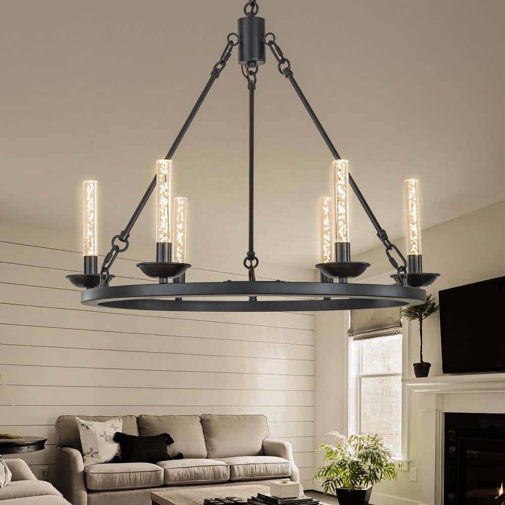 26 in. 6-Light Transitional Black LED Chandelier With Unique Bubble Tube Ro