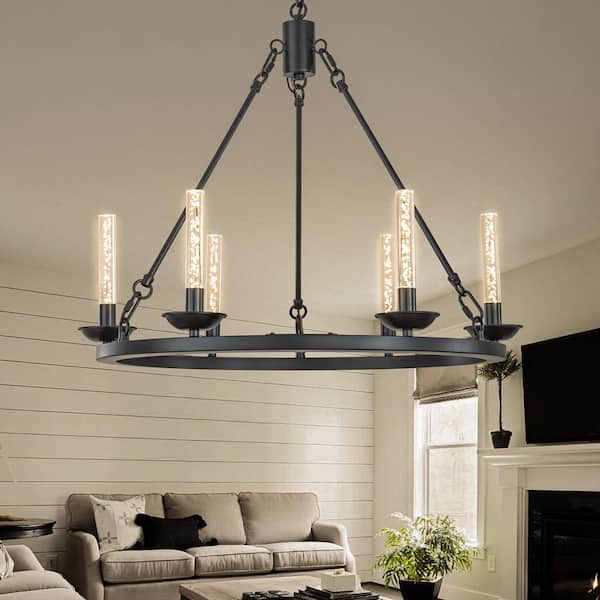 ALOA DECOR 26 in. 6-Light Transitional Black LED Chandelier With Unique Bubble Tube Round Modern Farmhouse Candle for Living Room