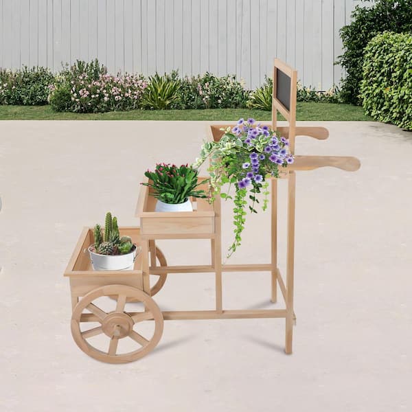 40 in. x 39 in. Light Brown 3-Tier Garden Decorative Stand Flower Display Stand with Movable Wheels and Blackboard