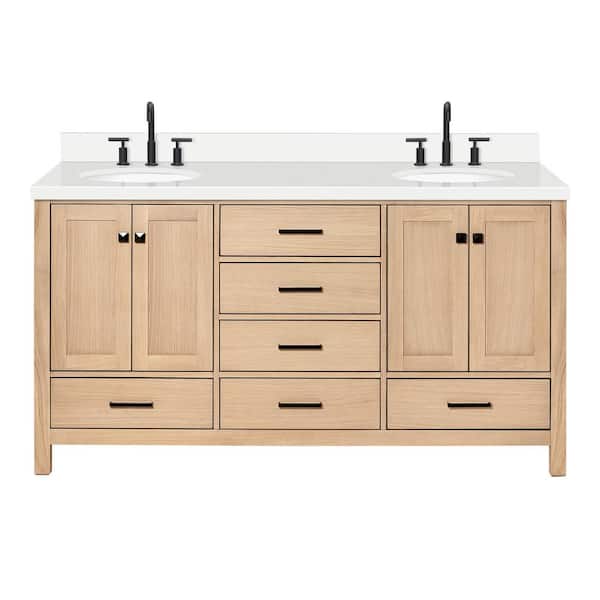 Cambridge 66 in. W x 22 in. D x 36 in. H Double Freestanding Bath Vanity in Oak with Pure White Quartz Top