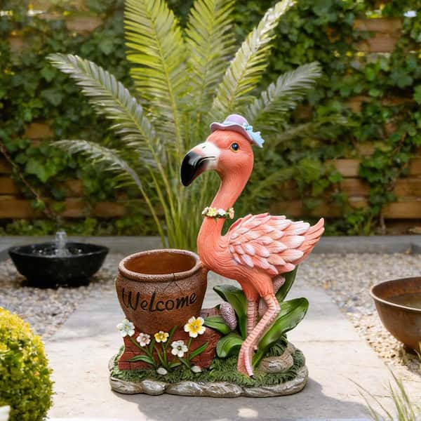 Outdoor Pink Resin Flower Pot, Garden Sculpture Flamingo Flower