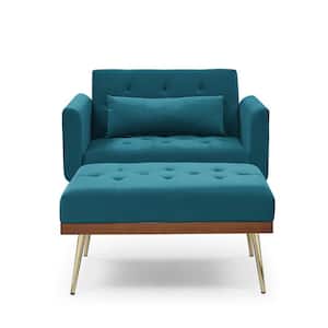 Modern 40.5 in. W Flared Arm Velvet Straight Recline Sofa Chair with Ottoman and Adjustable Back in Teal Blue