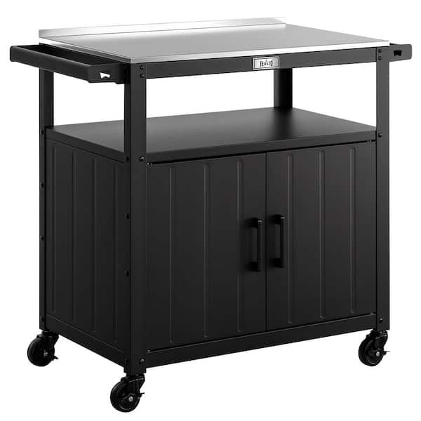 Outdoor Movable Grill Cart with Stainless Steel Tabletop and Storage Cabinet in Black
