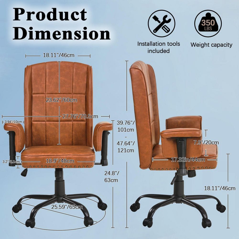 High Back Office Chair Faux Leather Wheels Task Chair in Brown Style 2 with Adjustable Armrests-Swivel Desk Chair - Thumbnail 4
