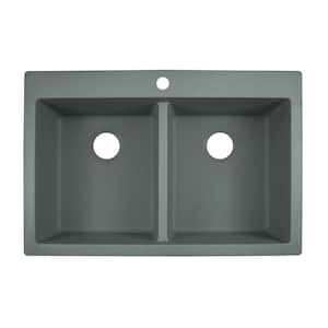 33 in. 4-Hole Primo Dual Mount Composite Granite Double Bowl Kitchen Sink in Shadow Grey