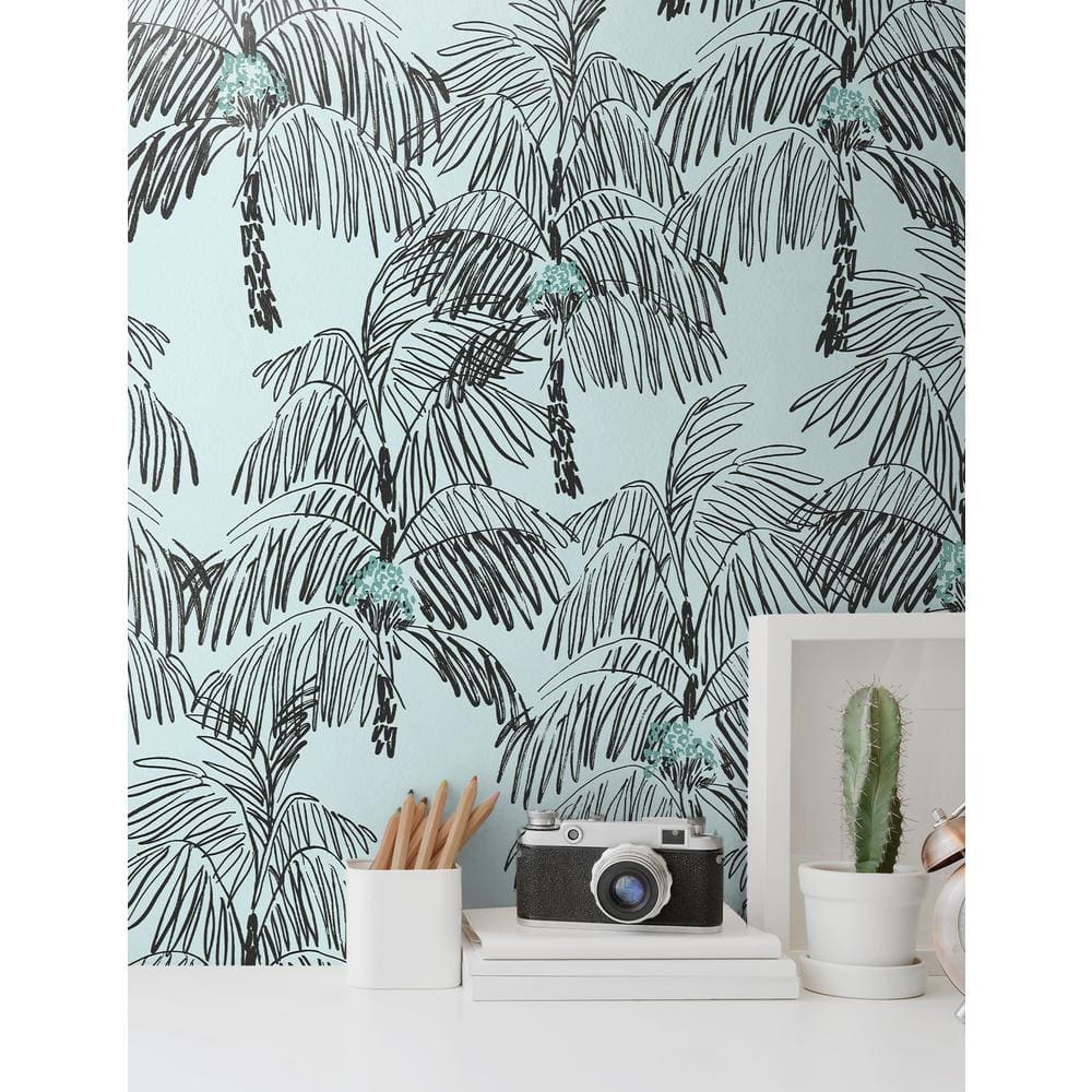 Sky Blue and Black Tropical Palm Peel and Stick Wallpaper