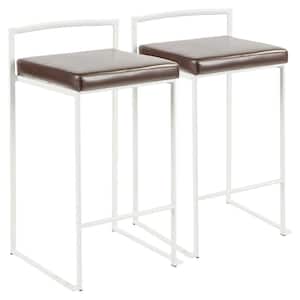 Fuji 26 in. White Stackable Counter Stool with Brown Faux Leather Cushion (Set of 2)