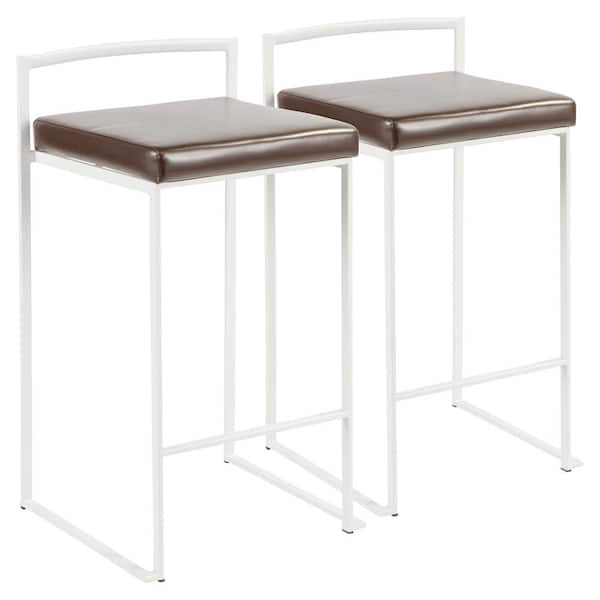 Lumisource Fuji 26 in. White Stackable Counter Stool with Brown Faux Leather Cushion (Set of 2)