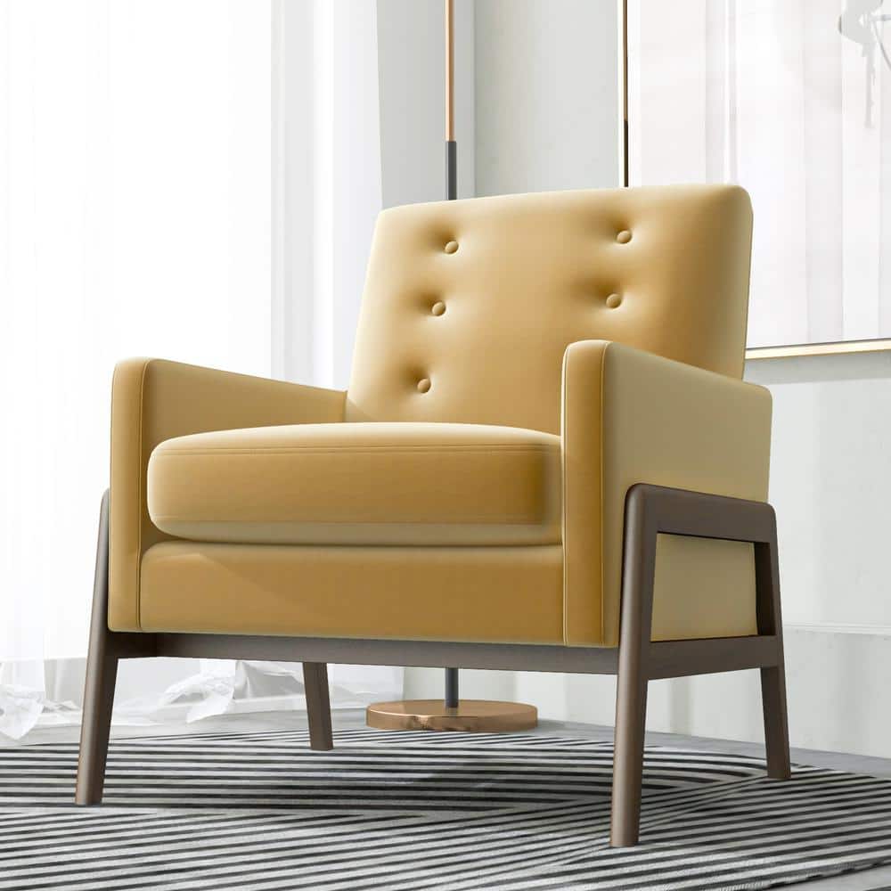 Steven Mid-Century Yellow Velvet and Wood Accent Armchair