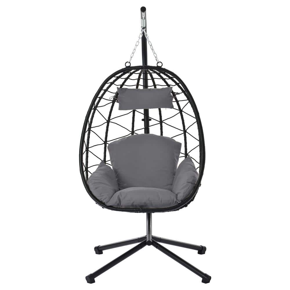 37.4 in. W 1-Person Black Metal Frame Patio Swing, Egg Chair with Stand for