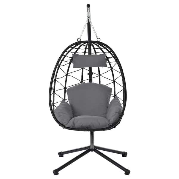 Unbranded 37.4 in. W 1-Person Black Metal Frame Patio Swing, Egg Chair with Stand for Bedroom Living Room Balcony in Dark Gray