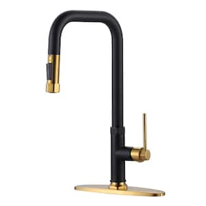 Single Handle Pull Down Sprayer Kitchen Faucet in Gold and Black with Deck Plate