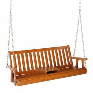 5 ft. Brown Wood Patio Porch Swing with Cup Holder and Adjustable Chains, Support 880 lbs. Durable PU Coating