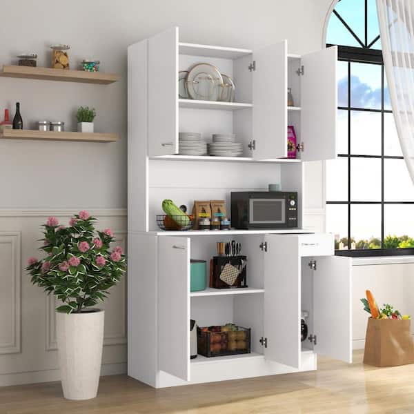 Runesay Modern White Wood 39.37 in. Kitchen Island Adjustable Shelf Kitchen Pantry Cabinet Multiple Storage Space with 6-Door