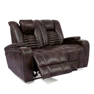 Madras 61 in. Dark Brown Solid Faux Leather 2-Seats Loveseats with Cup Holders