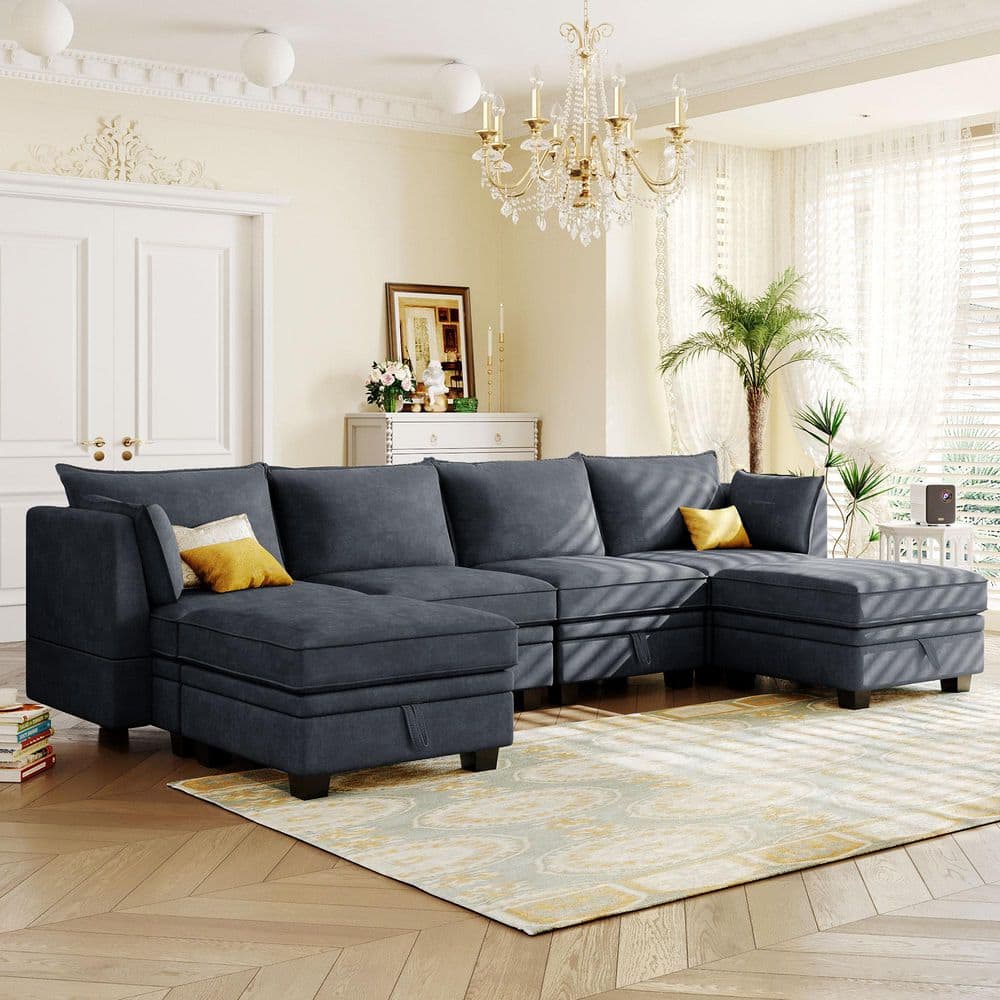 115 in. Convertible Linen U-Shape Modular Sectional Sofa in Grey with Rever