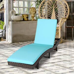 Armless Folding Height Adjustable Plastic Rattan Outdoor Lounge Chair with Turquoise Cushions