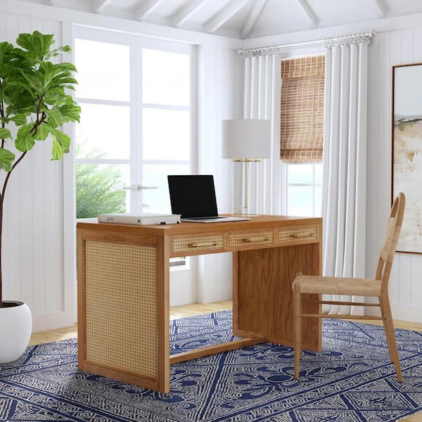 Butler Specialty Company Mesa 48 in. W Rectangular Natural Brown Cane and Solid Wood 3 Drawer Writing Desk 9754438