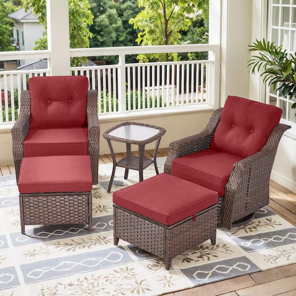 Henn Brown Rattan 5-Piece Outdoor Conversation Sets with Red Cushions, 2 Swivel Rocking Chairs, 2 Ottomans, 1 Side Table