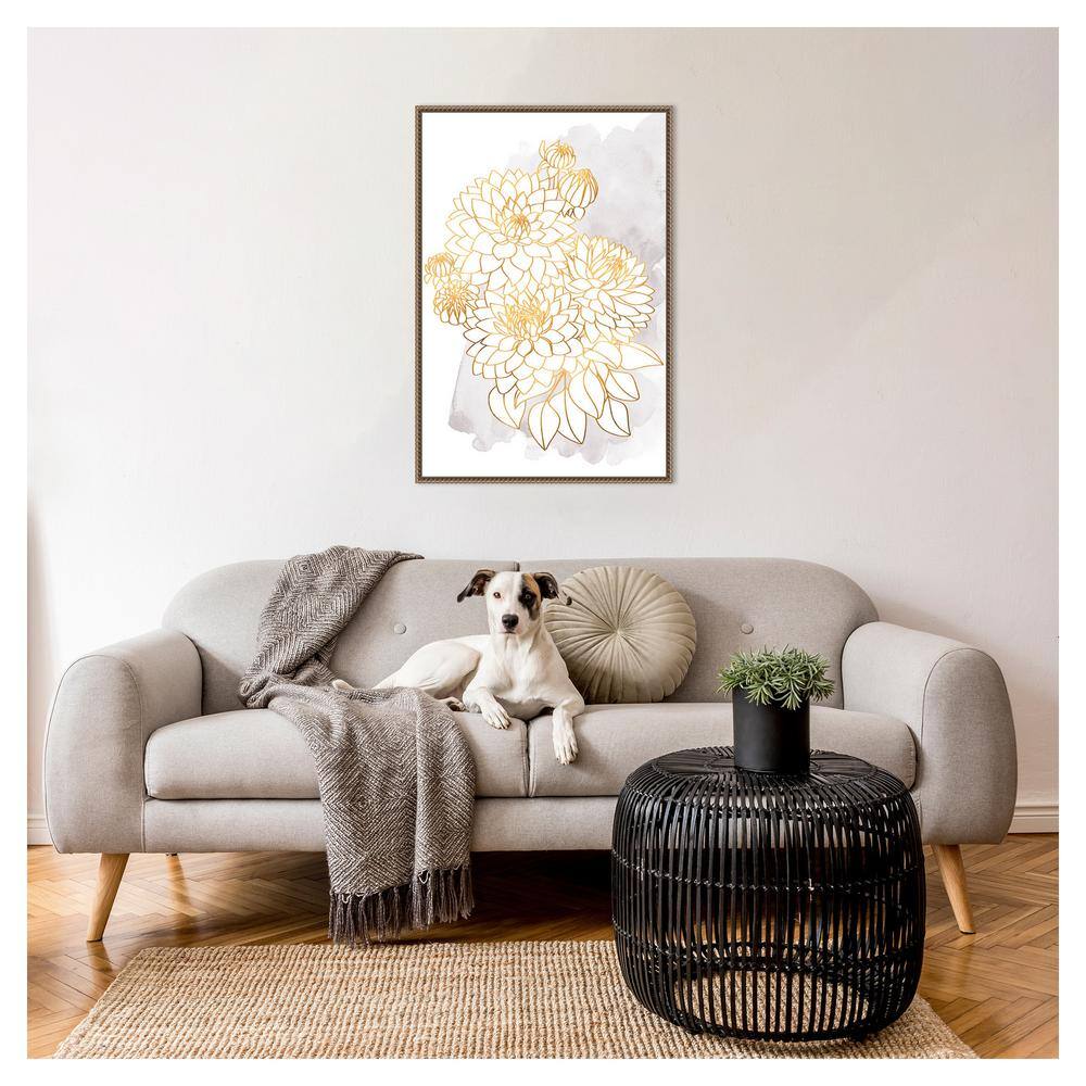 Gold and Gray Dahlia Bouquet Framed Canvas Wall Art
