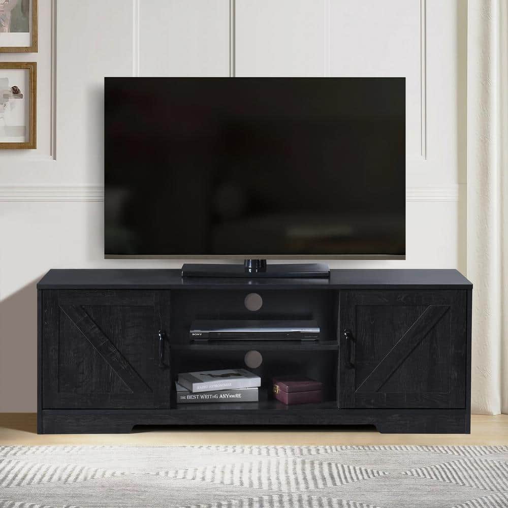 59 in. Wood Black Oak TV Stand with 2 Storage Cabinets Fits TVs up to 59 i