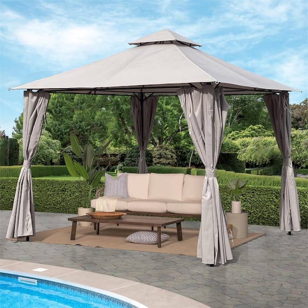 Afoxsos 10 ft. x 10 ft. 2-Tier Steel Outdoor Patio Garden Gazebo Canopy, Outdoor Shading, Gazebo Tent With Curtains in Gray