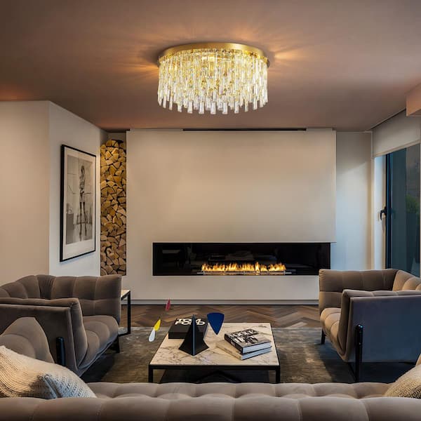 SILJOY 7-Light Gold Crystal Round Flush Mount Chandelier