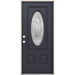 36 in. x 80 in. Right-Hand 3/4 Oval Blakely Glass Black Paint Fiberglass Prehung Front Door w/Rot Resistant Frame