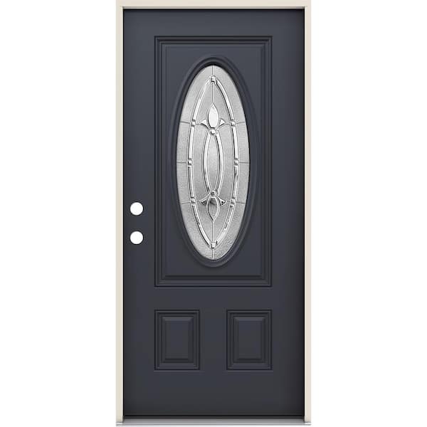 JELD-WEN 36 in. x 80 in. Right-Hand 3/4 Oval Blakely Glass Black Paint Fiberglass Prehung Front Door w/Rot Resistant Frame