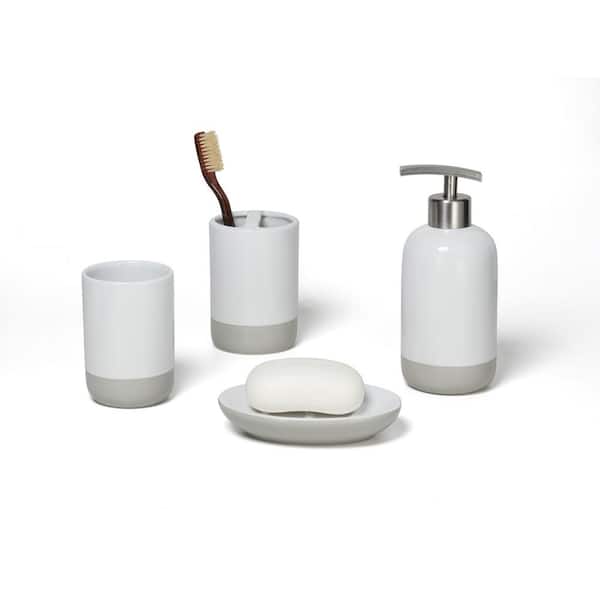 Marbleize Basics 5-Piece Bathroom Accessories Set Collection Resin Bath Set Includes Toothbrush Holder,Toothbrush Cup for 2,Soap Dish,Toilet Brush Holder,Soap Pump Dispenser White Gift Set-White