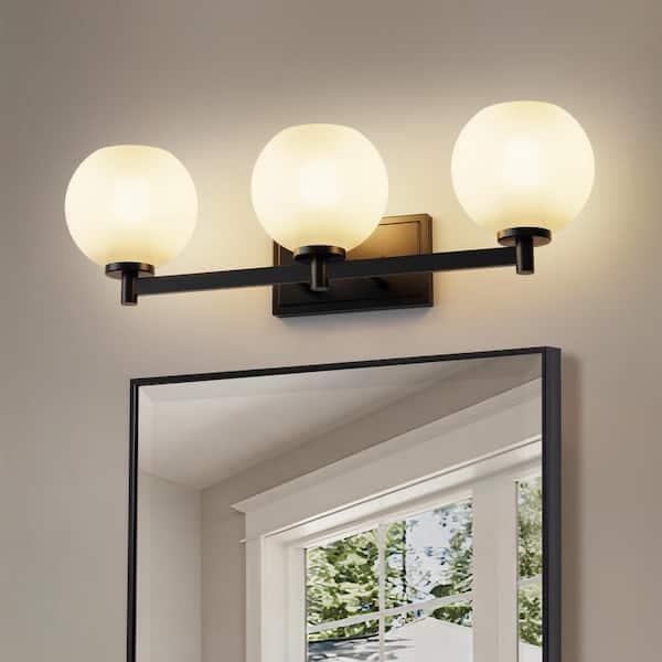 YANSUN 25 in. 3-Light Black Vanity Light with Globe Glass Shades for Bathroom, Mirror, Vanity Area