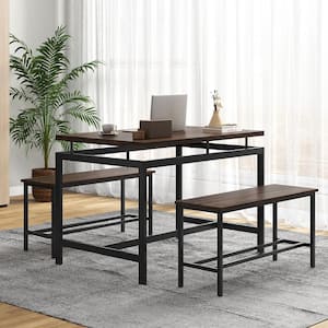 3-Piece Rectangle Brown Wood Top Dining Table Set for 4 w/43 in. Kitchen Table 2 Benches Metal Frame