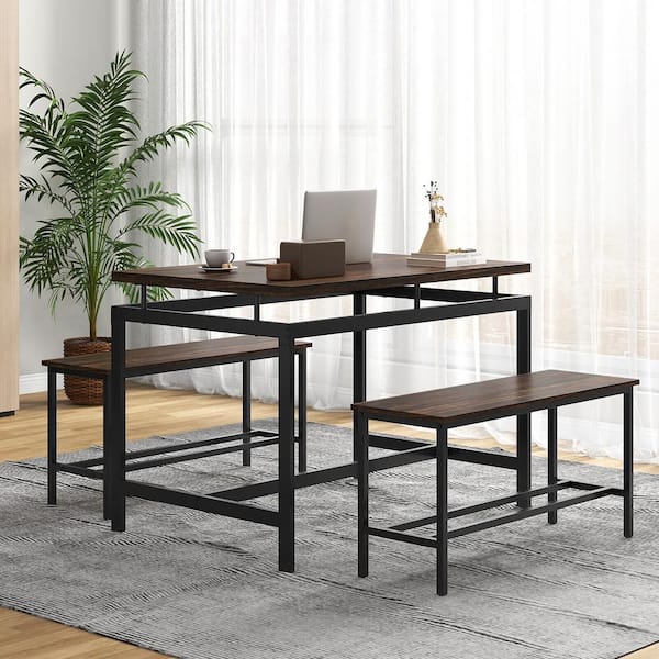 Gymax 3-Piece Rectangle Brown Wood Top Dining Table Set for 4 w/43 in. Kitchen Table 2 Benches Metal Frame