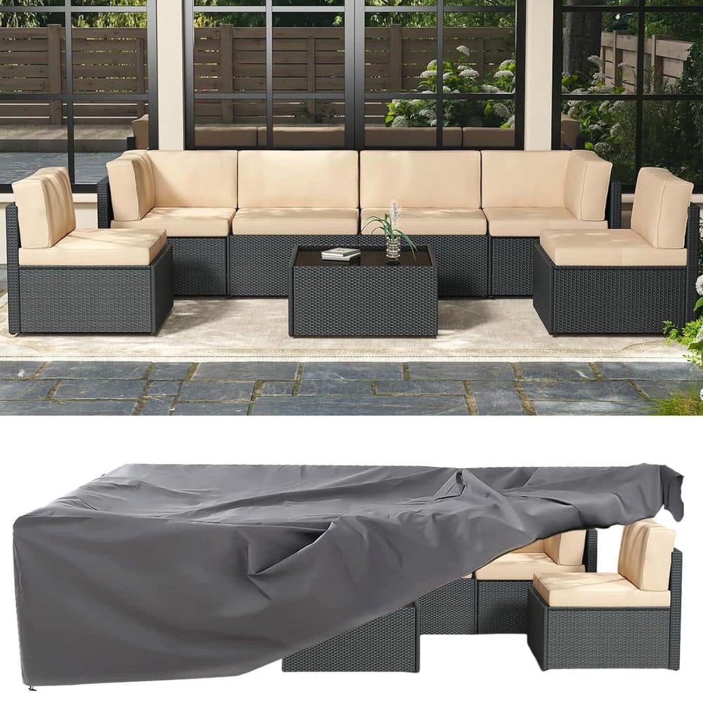 8 Piece Outdoor Furniture Set Patio Sectional Conversation Set with Cover, Beige Cushions&Black Rattan price history on PriceWatchPro