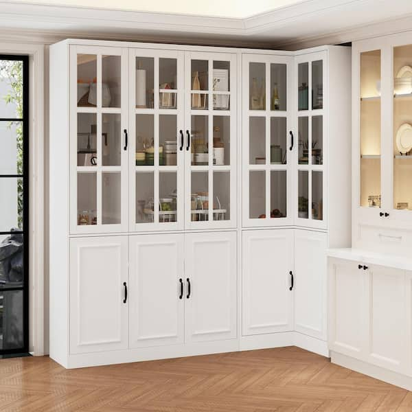 78.9 in. Tall 15-Shelf White Wood Corner Standard Bookcase with Adjustable Shelves, Tempered Glass Doors, Cabinet