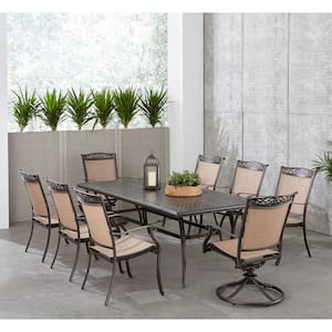 Fontana 9-Piece Aluminum Outdoor Dining Set with 2 Sling Swivel Rockers, 6 Sling Chairs, and Cast-Top Table