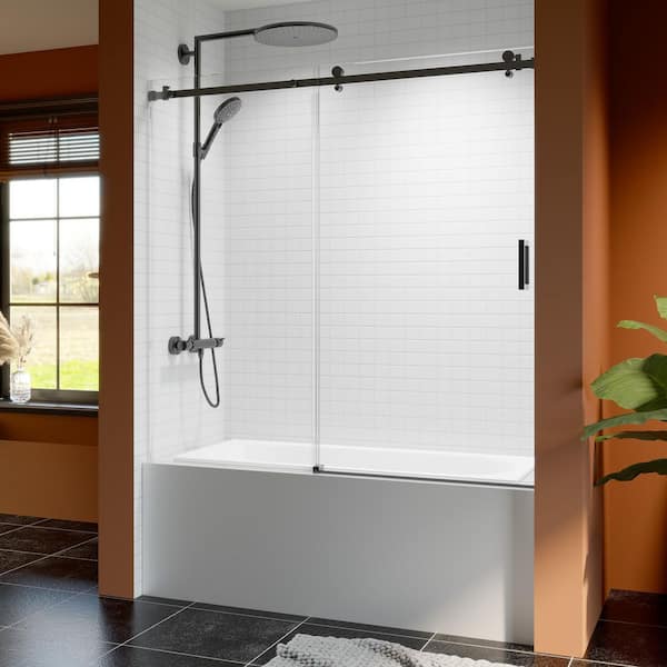 Reversible 56 to 60 in. W x 60 in. H Frameless Sliding Tub Door in Matte Black with Tempered Clear Glass and Soft-Close