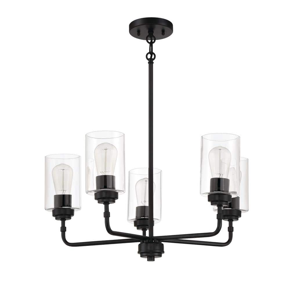 Stowe Flat Black 5-Light Cylinder Chandelier with Clear Glass