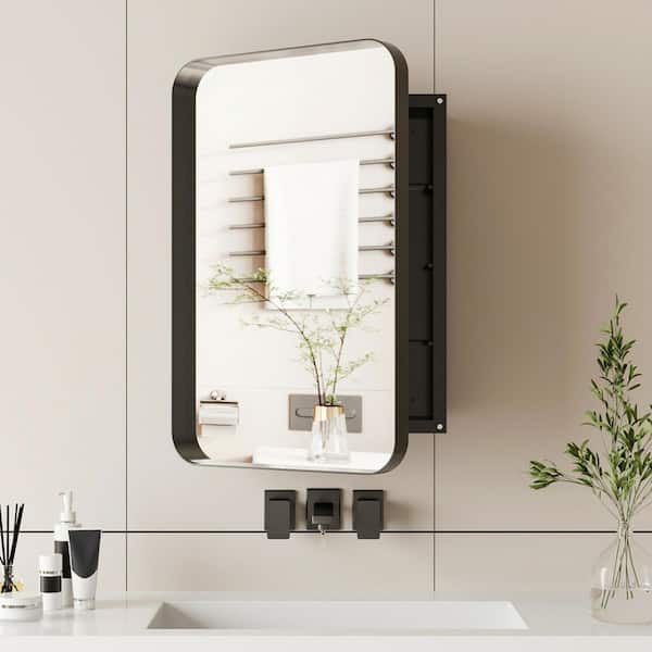 16 in. W x 24 in. H Rectangular Aluminum Medicine Cabinet with Mirror in Matte Black