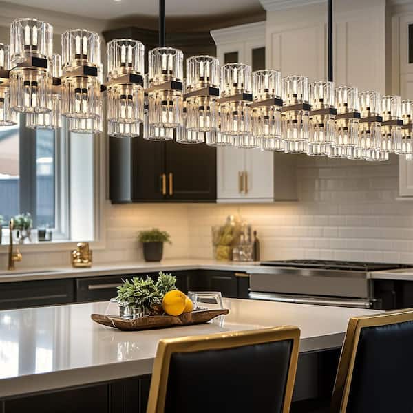 60-Light Black Crystal Chandelier with 70 G4 LED Bulbs Rectangular Pendant Light for Kitchen Dining Room