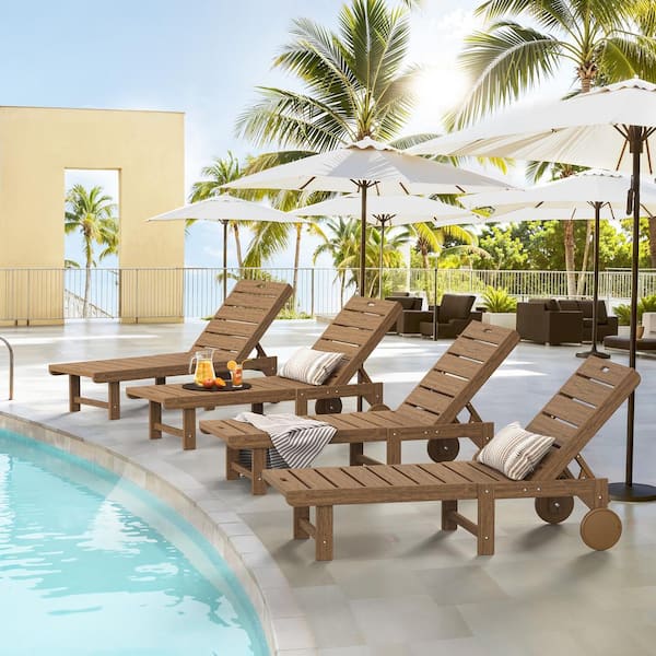 LUE BONA Heli Recycled Brown HDPS Patio Lounge Chair Plastic Stackable Outdoor Chaise Lounge Chair with Wheel Set of 4
