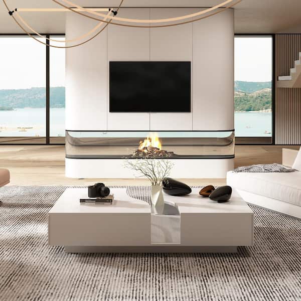 55.1 in. W White Rectangle Wooden Coffee Table, Side Table, End Table with 2 Drawers & Visable Decored Light
