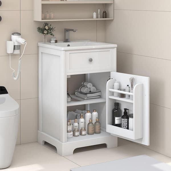 20 in. W x 18 in. D x 34 in. H Single Sink Freestanding Bath Vanity in White with White Ceramic Top and Storage Cabinet