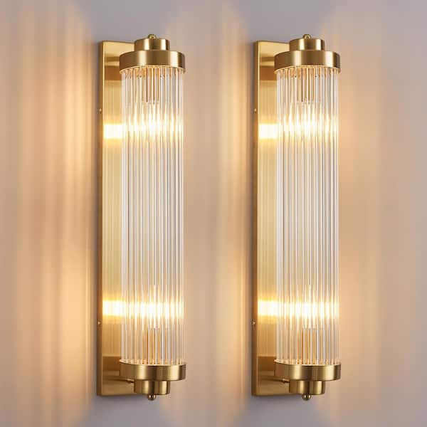Home Lighting 40-Watt 5.51 in. 2-Light Gold Modern Wall Sconce with Modern Crystal Glass Strip Shade JW-652-L 2-Pack