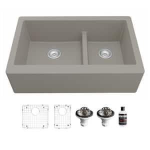 QA-760 Quartz/Granite 34 in. Double Bowl 50/50 Farmhouse/Apron Front Kitchen Sink in Concrete with Grid and Strainer