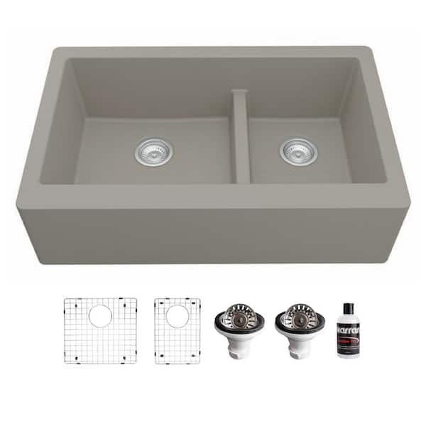 Karran QA-760 Quartz/Granite 34 in. Double Bowl 50/50 Farmhouse/Apron Front Kitchen Sink in Concrete with Grid and Strainer