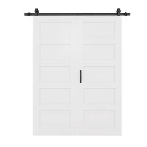 56 in. W. x 80 in. Paneled 5-Lite White Primed MDF Bifold Sliding Barn Door with Hardware Kit
