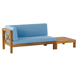 Elisha Teak 2-Piece Wood Left-Armed Outdoor Patio Conversation Set with Blue Cushions